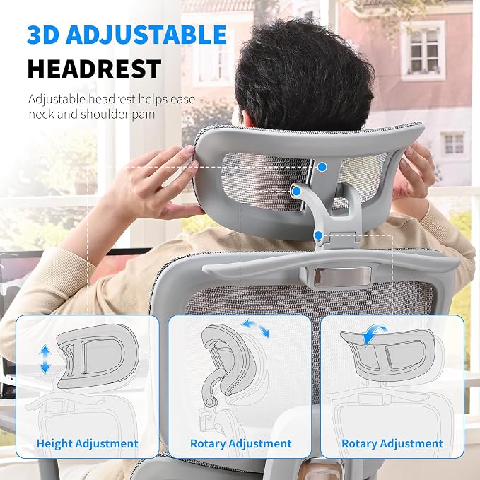 Mesh Ergonomic Office Chair with Footrest, Grey | High Back, Lumbar Support, Adjustable Headrest and Armrests, Gaming Chair,Home Office Desk Chair - Image 6