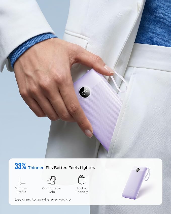 VRURC Portable Charger 4-Built-in-Cable Fast Charging 20000mAh Power Bank | Battery Protection,Flight-Approved,USB-C Cable,22.5W PD,Slim,Travel Essentials,Battery Pack for iPhone,iPad,Galaxy,Purple - Image 5