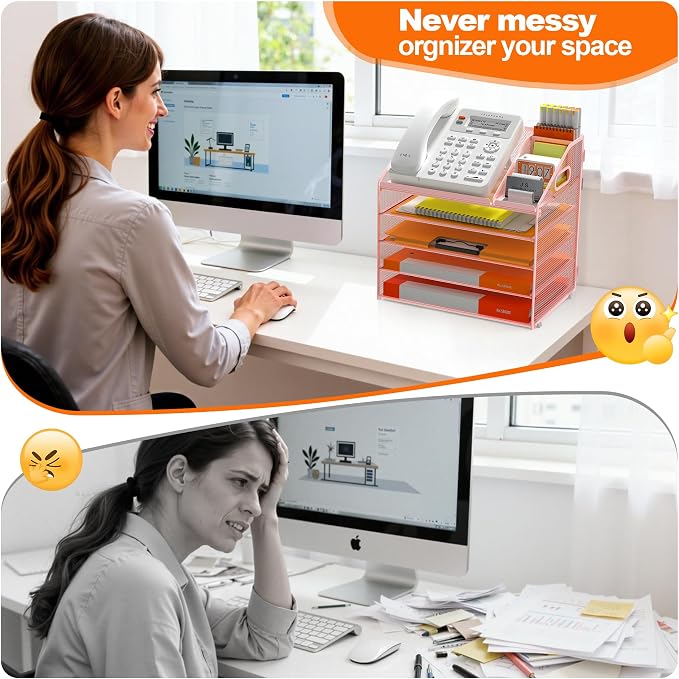 DocNest 5 Tier Metal Mesh Desk File Organizer with Phone Shelf, Pink | Desktop letter tray sorter features a 9.1x9.1 inch top phone holder, built-in sticky note compartment and pen holder - Image 3