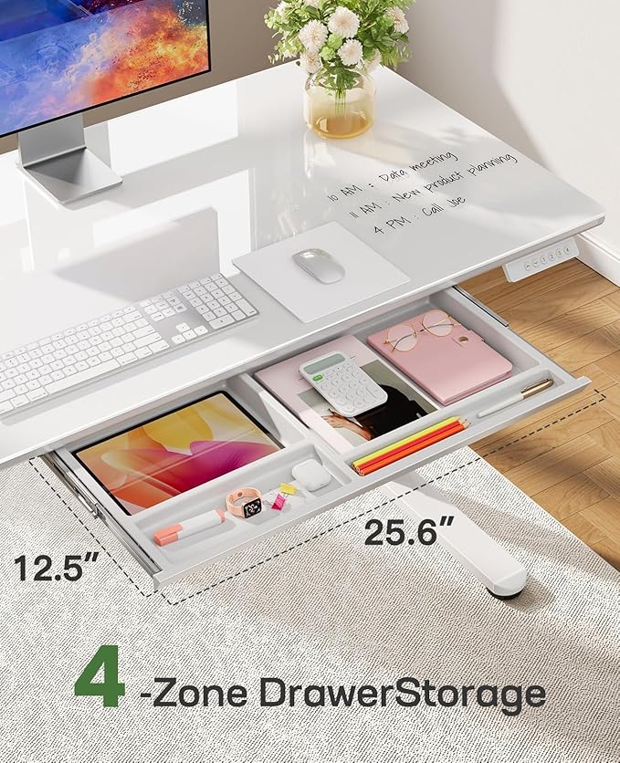 Marsail Glass Electric Standing Desk with Drawer, 40 x 24 Inches Height-Adjustable Desk, One-Piece Tempered Glass Top, Ergonomic Home Office Sit Stand Desk with 4 Preset Heights, White - Image 3