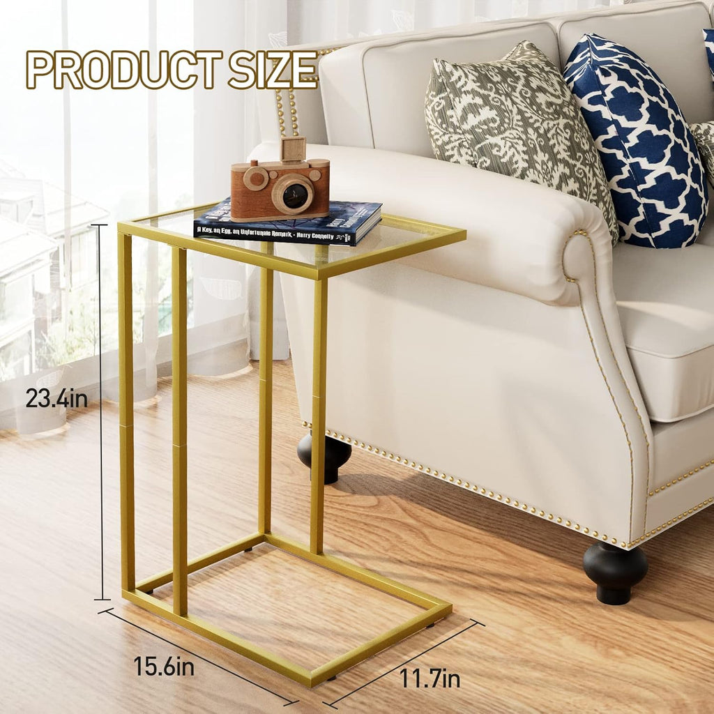 C Shaped End Side Table Set of 2,Couch Sofa Table for Small Space,Tempered Glass Snack Side Table with Metal Frame for Living Room, Bedroom, Bedside, Modern Style, Gold - Image 3