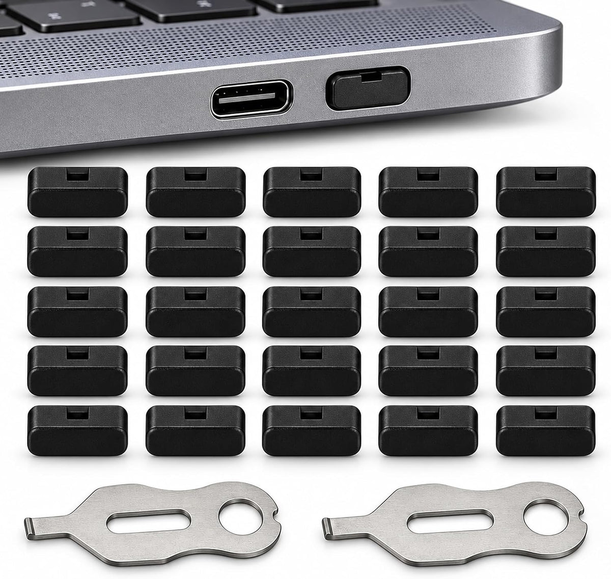 USB-C Port Blockers 25 Pack with 2 Keys, Secure Fit and Easy Removal, Black by PortPlugs