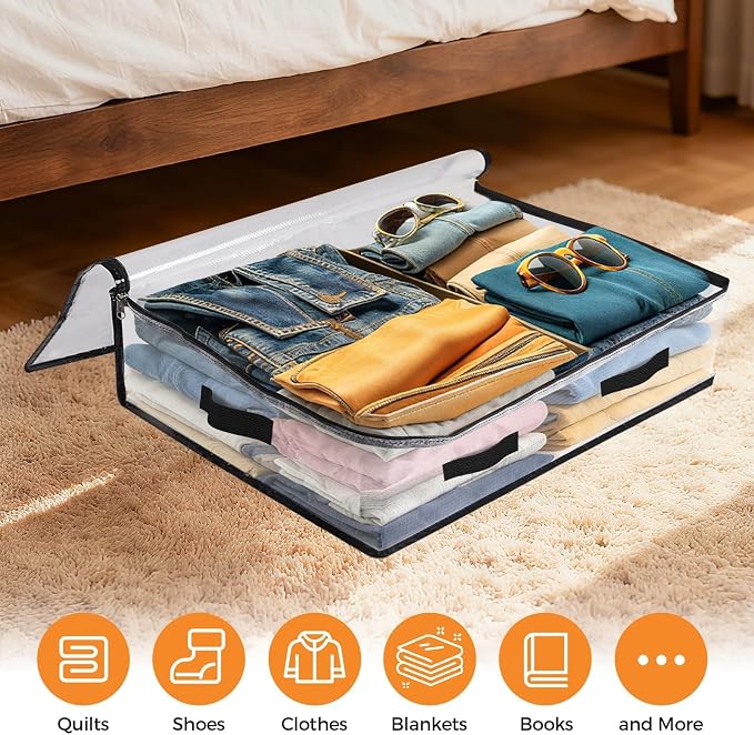 8 Pack Under Bed Storage Bags, 60L Foldable Clear Containers with Handles | Dual Zipper Storage Bins for Comforters, Bedding, Blankets, Closet Organizer for Clothes, Linen Sheets, Sweaters - Image 4