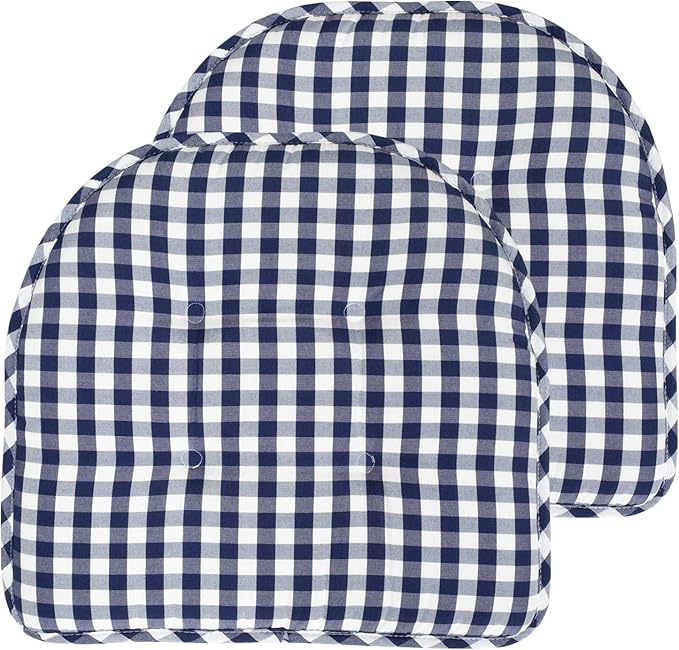 Sweet Home Collection Chair Cushion Memory Foam Pads Tufted Slip Non Skid Rubber Back U-Shaped 17" x 16" Seat Cover, 2 Count (Pack of 1), Checkered Navy/White by SweetHomeCollection