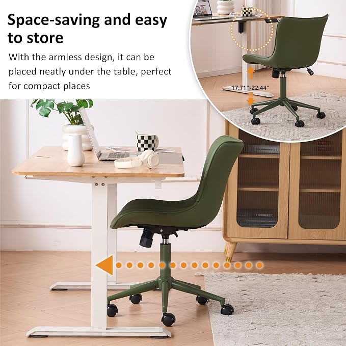 YOUNIKE Office Desk Chair with Wheels Armless Vanity Chair Ergonomic Green | Faux Leather Upholstered with Rocking Back, Swivel Height Adjustable, Modern Small Cute Task Chair For Sewing Drafting - Image 6
