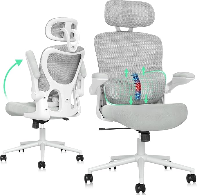 SUNNOW Ergonomic Office Chair, Comfy Mesh Desk Chair, High Back Computer Gaming Chairs with Adjustable Lumbar Support, Flip-Up Arms, Headrest, Tilt Function, Wide Cushion, Swivel Rolling Wheel (Grey) by SUNNOW