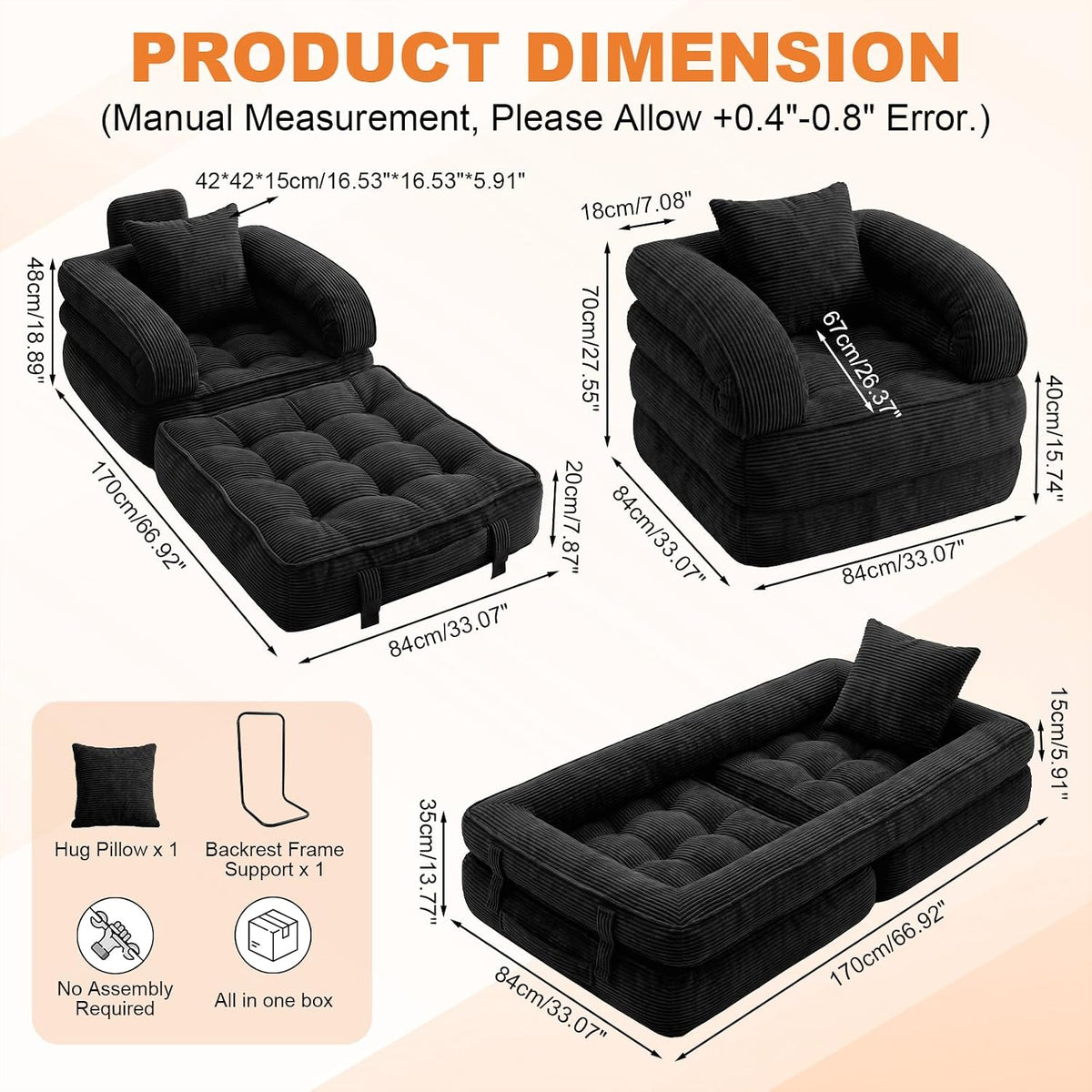Folding Sofa Bed, Convertible Sleeper Chair, Corduroy Boneless Couch - Image 2