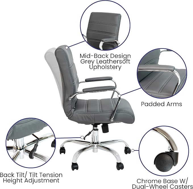 Flash Furniture Mid-Back LeatherSoft Executive Office Chair, Gray/Chrome | 360° Swivel, Height Adjustable, Commercial Grade - Image 4