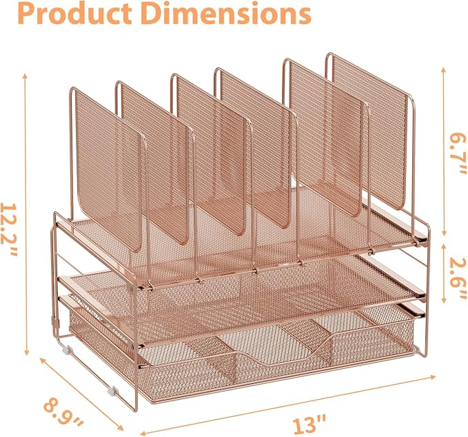 LEKETREE Rose Gold Desk Organizer, Office Organization with Vertical File Holder, File Organizer with Drawer and Office Supplies, Desk Accessories and Workspace Organizers (Rose Gold) - Image 7
