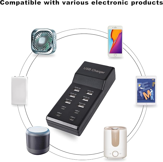 USB Charger,50W USB Charging Station with 10-Port (6 USB-A Port & 4 USB-C Port) Compatible with iPhone 15/14/13/12/11/X/8/7/6 Phones, Watch,Tablets, Smartphones Black - Image 5