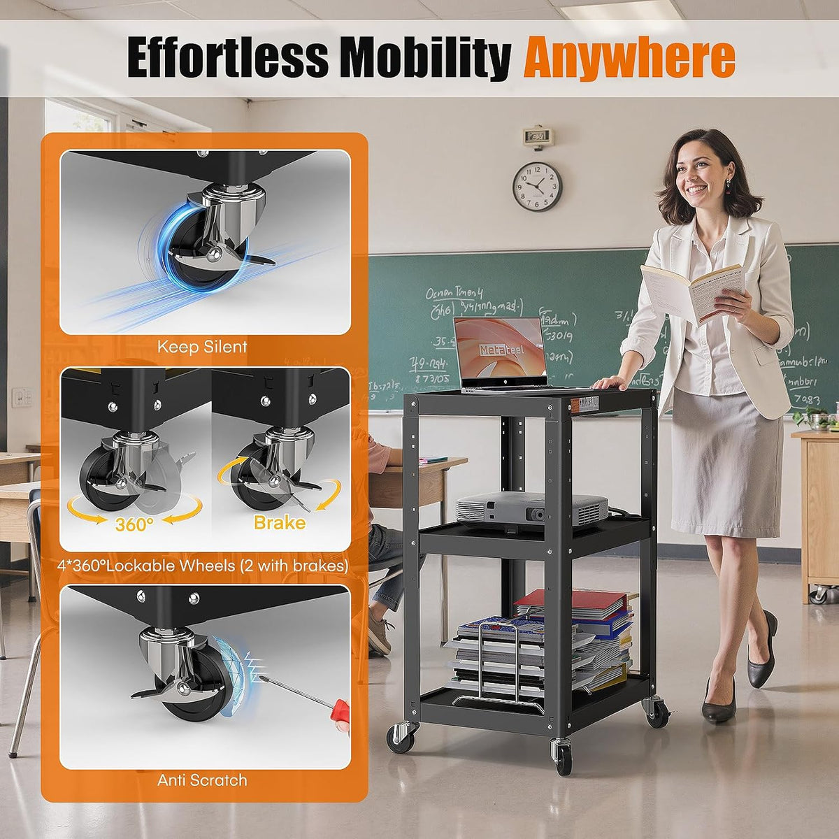 3 Shelf Metal Utility Cart - Durable Computer Cart on Wheels with Power Strip,Height Adjustable AV Presentation Cart Stand for Movie Projector,TV and Laptop Computers,Easy to Assemble, Black - Image 5