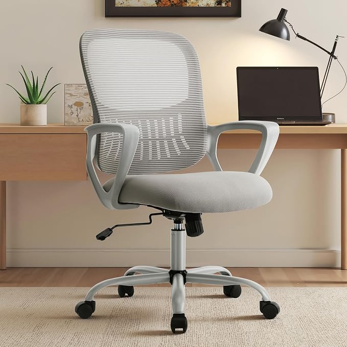 OLIXIS Home Office Chair, Mesh Desk Chair, Ergonomic Lumbar Support | Mid Back Computer Ergonomic, Height Adjustable Swivel Task, Large Seat Armrest, Adults, Grey by OLIXIS