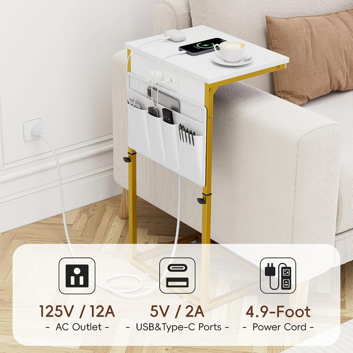 C-Shaped End Table with Charging Station, Small Side Table for Couch, 33" Tall C Table Adjustable Height Side Table, Couch Tables that Slide Under, Sofa Table TV Tray for Living Room, Golden - Image 7