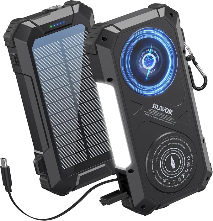 BLAVOR Solar Charger Power Bank Built-in Retractable USB-C Cable, 20000mAh Wireless Magnetic Portable Charger with Camping Light, Flashlight, 20W Fast Charging Battery Pack for Outdoor Camping Hiking by BLAVOR
