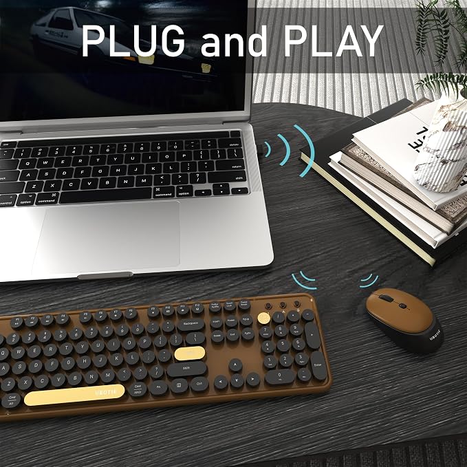 Colorful Wireless Computer Keyboards Mouse Combos (Black Brown) | UBOTIE Polychrome Round Keycaps Retro PC keyboards 2.4GHz Radio Frequency Connection With Optical Mouse Power Switch - Image 3