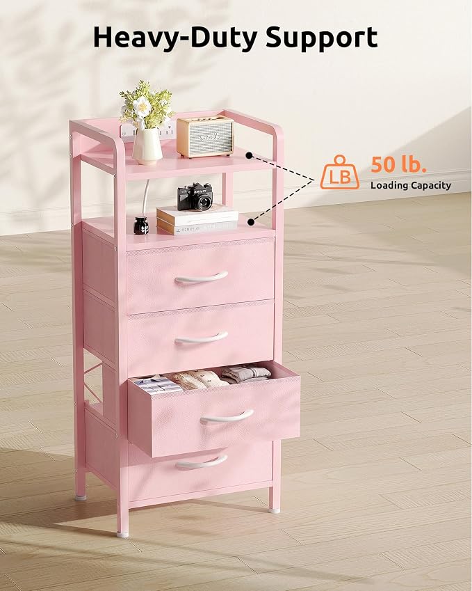 Lazzanto Nightstand with Rear Charging Station, LED Light, 4 Drawers, Pink | Industrial Nightstand, 2 USB-A Ports & AC Outlets, Raised Back Guard, Fabric Storage Drawers, Bedside Table for Bedroom, Dorm - Image 7