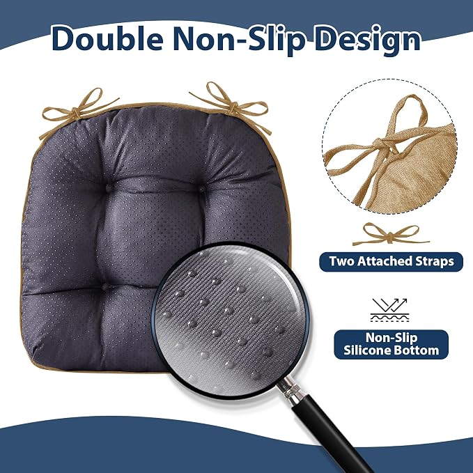 IASEAHK Chair Cushions for Dining Chairs, 15.5" x 15.5" x 4", Khaki | Set of 4, Tufted Foam, Non Slip, With Ties, Machine Washable,Seat Cushions for Indoor&Kitchen&Dining Room - Image 4