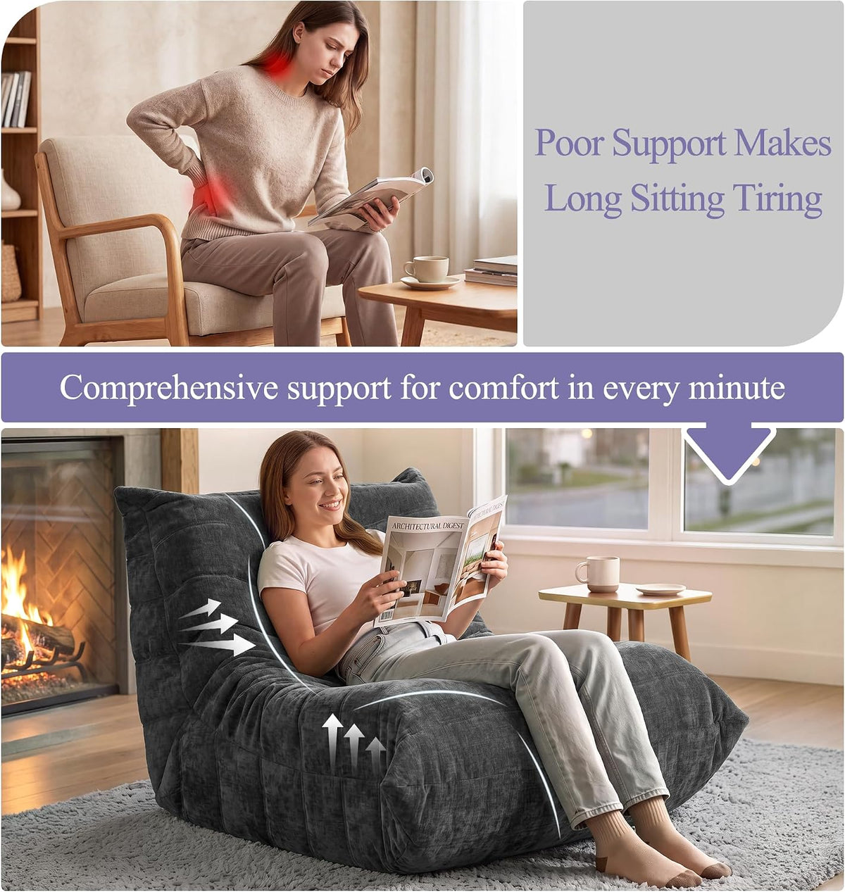 Adults Bean Bag Chair Floor Couch for Bedroom, Grey Chenille - Image 6