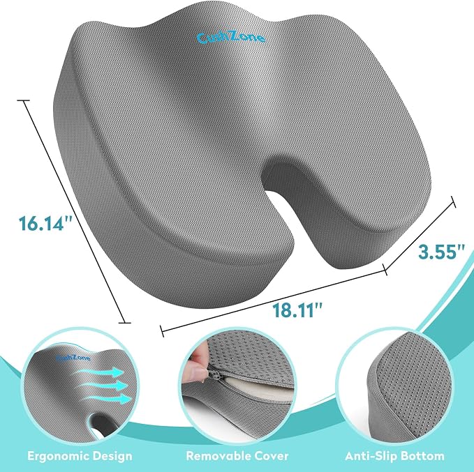 Gel Seat Cushion, Enhanced Memory Foam Cushion for Tailbone Pain, Gray | Cooling Gel for Office Chair, U-shaped Design Chair Cushion for Gaming, Car, Wheelchair, Non-Slip Base, Washable Cover - Image 3