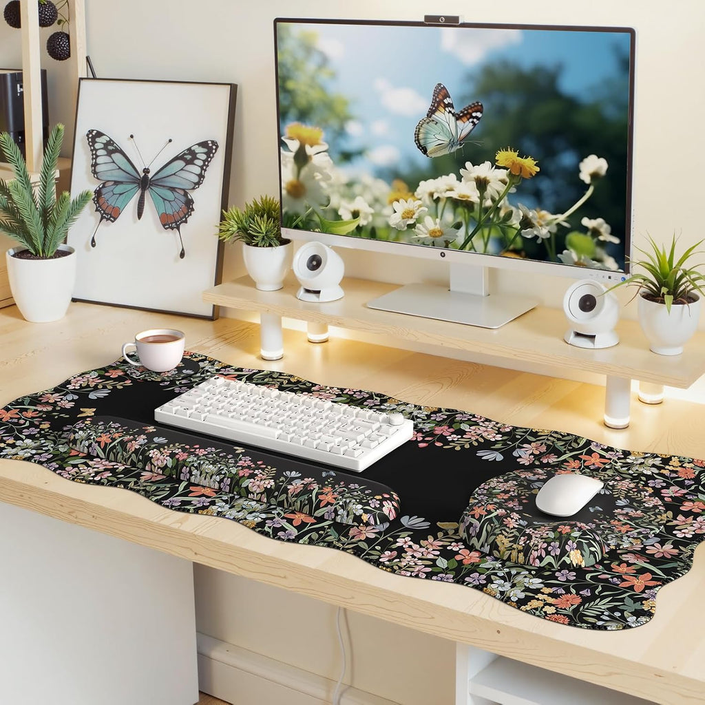 iLeadon Cute Desk Mat Set, Scalloped Floral Desk Mat Keyboard Mouse Pad Set - Image 6