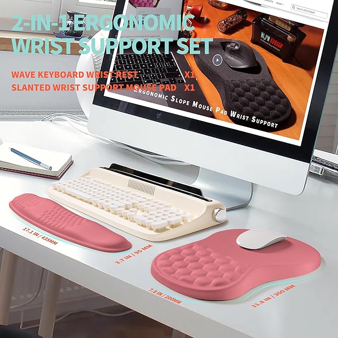 2-in-1 Ergonomic Set, Wave Rise Keyboard Wrist Rest and Massage Bulge Slope Mouse Pad Wrist Support, Cushion Memory Foam Integrated to Relieve Wrist Pain, Muskmelon Pink - Image 5