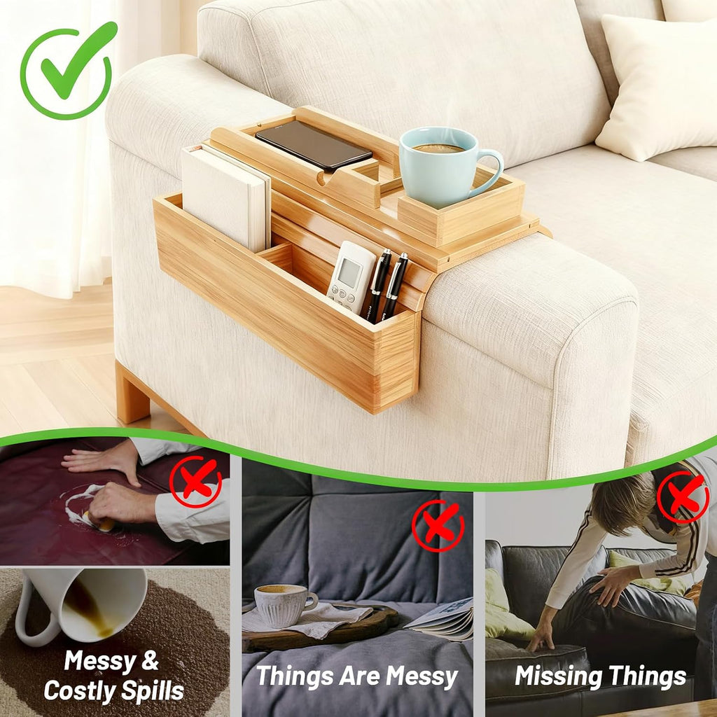 Bamboo Couch Arm Tray Sofa Armrest Tray Cup Holder,2-in-1 Couch Armrest Tray with Slide Detachable Tray,Couch Caddy,Slip Foldable Sofa Table,Phone Stand,Book Holder (Bamboo) - Image 5