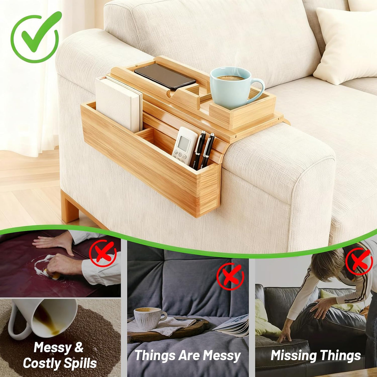 Bamboo Couch Arm Tray Sofa Armrest Tray Cup Holder,2-in-1 Couch Armrest Tray with Slide Detachable Tray,Couch Caddy,Slip Foldable Sofa Table,Phone Stand,Book Holder (Bamboo) - Image 5
