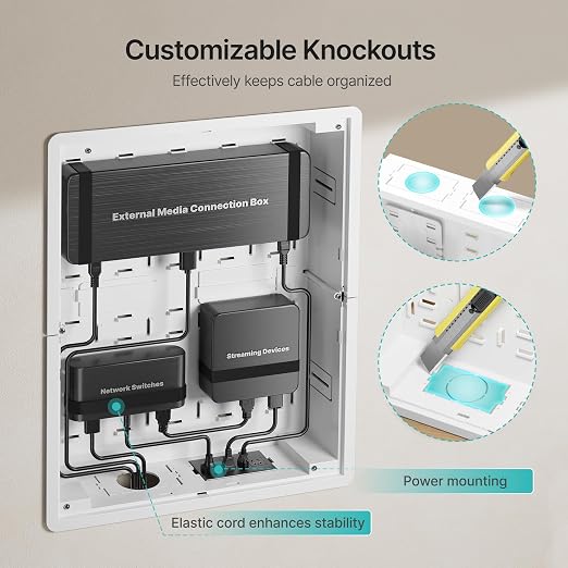 17" in-Wall Media Box Recessed Outlet Cable Management Kit 2 Pack | Structured Media Enclosure, One Connect & Network Switches, Fits Fire TV Stick Samsung, Recessed Design, 2 Pack - Image 4