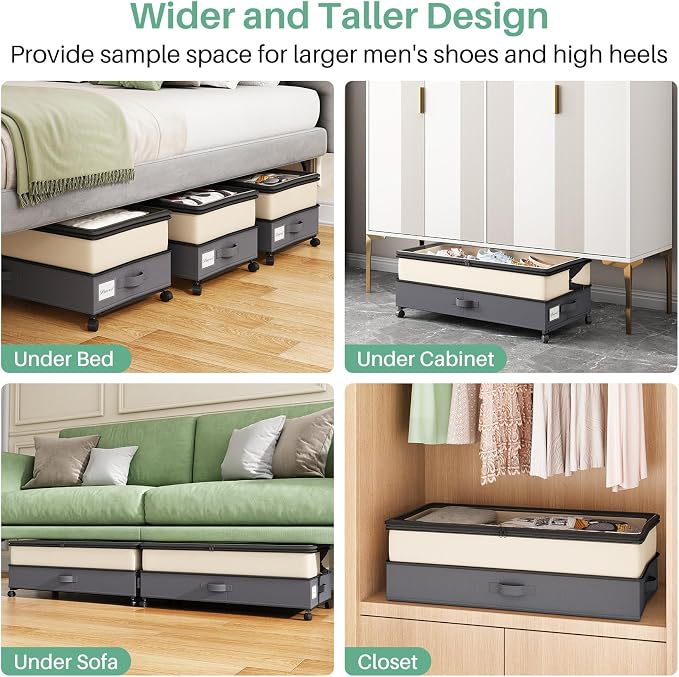 Kitstorack 4 Pack Height-adjustable Under Bed Storage with Wheels, Under Bed Storage Containers,Under Bed Shoe Storage Organizer with Clear Window&Label, Suitable for Clothes Storage, Beige & Gray - Image 6