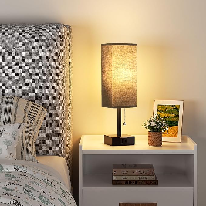 Black Bedside Table Lamp for Bedroom - Desk Lamp For Nightstand, USB C+A | Pull Chain Lamp, 3 Color Modes(3000K/4000K/5000K), E26 LED Bulb Included, Square Black Fabric Lampshade, for Read, Work, Dorm - Image 6