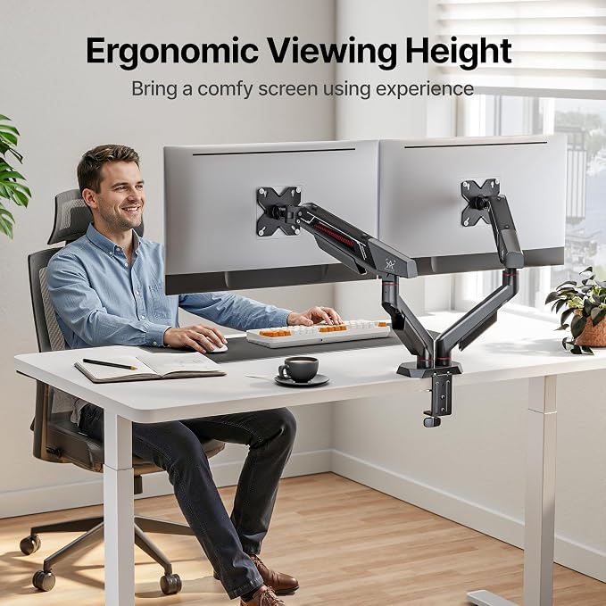 ARES WING Dual Monitor Arm for 17-35 Inch Flat Curved Screens, Black | Fully Adjustable Monitor Mount for Ultrawide Screens up to 26.5lbs, C-Clamp & Grommet Base, 75/100 Vesa Mount - Image 9