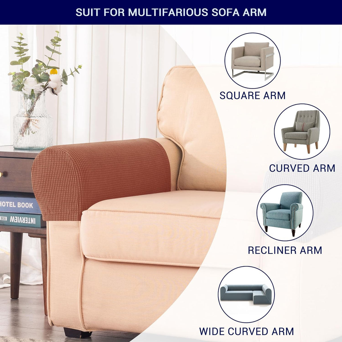 SUBRTEX Stretch Armrest Covers Spandex Arm Covers for Chairs Couch Sofa Armchair Slipcovers for Recliner Sofa with Twist Pins 2pcs (Brick) - Image 6