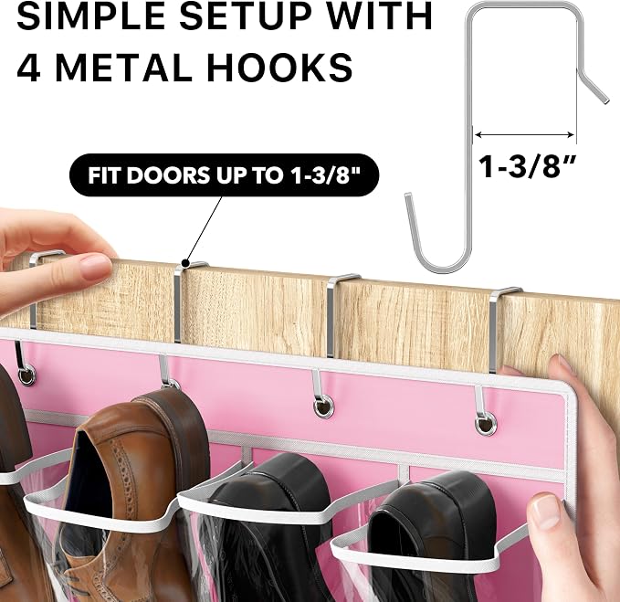 Simple Houseware 24 Pockets Large Clear Over the Door Shoe Organizer, Pink | 56" x 22.5", 4 Durable Metal Hooks, 5" x 9" Pocket Size, Multipurpose - Image 5