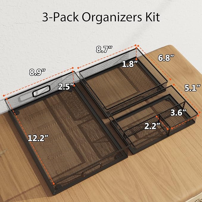Desk Drawer Organizer Set, 3 Pcs Metal Mesh Office Drawer Organizers, Paper Organizer Letter Tray for Desk, Junk Drawer Organizer for Office, Kitchen, Makeup, Vanity - Image 3