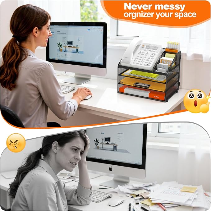 DocNest 4 Tier Metal Mesh Desk File Organizer with Phone Shelf, Black | Desktop letter tray sorter features a 9.1x9.1 inch top phone holder, built-in sticky note compartment and pen holder - Image 3