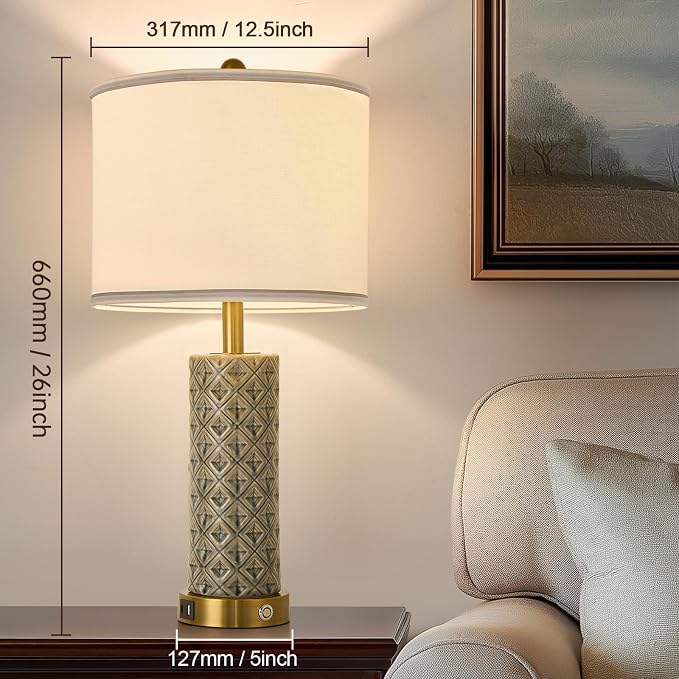 Set of 2 Table Lamp for Living Room Bedroom Farmhouse,26'' Touch Control Bedroom Smoke Grey Ceramic Lamps 3-Way Dimmable Bedside Lamps with USB A+C Ports Linen Shade for Home - Image 6
