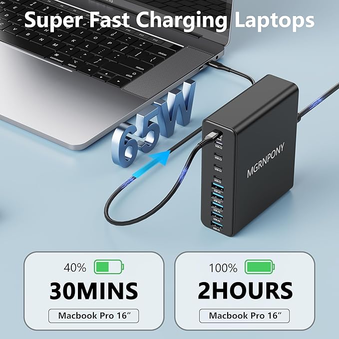 320W USB C Charger Block, MGRNPONY 10-Port GaN USB C Charging Station Black | PD 65W Laptop Fast Charger Adapter for MacBook Pro/Air, DELL, iPad, iPhone, Samsung Galaxy - Image 3
