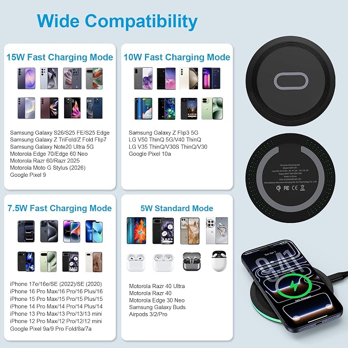 15W Wireless Charger Fast Charging Pad Samsung S26 Wireless Charger Station | for Galaxy S25 FE Edge Plus Ultra S25+ S24 FE Ultra S23 Ultra Z Flip8 7 6, Google Pixel 10a 9a 8a, iPhone 17e 16 15 Pro Max - Image 6