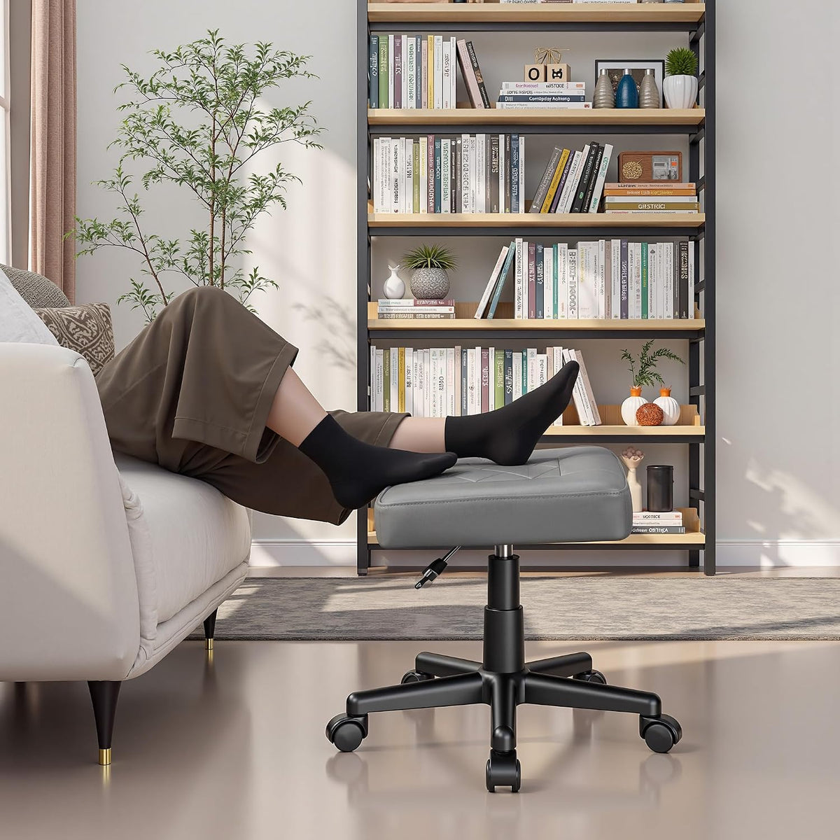 VECELO Under Desk Footrest, PU Ergonomic Foot Rest with Wheels, Comfort Padding, Height Adjustable for Relieving Leg Pain, Stiffness, and etc, Gray - Image 6