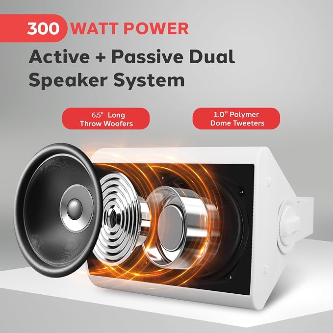 Pyle 6.5'' Marine Grade Waterproof Bluetooth Speakers with Built-in Amplifier, Indoor/Outdoor Use, Full Range Stereo, Aux Input, Rustproof, Ideal for Patio, Pool, Home Audio, White - Image 4