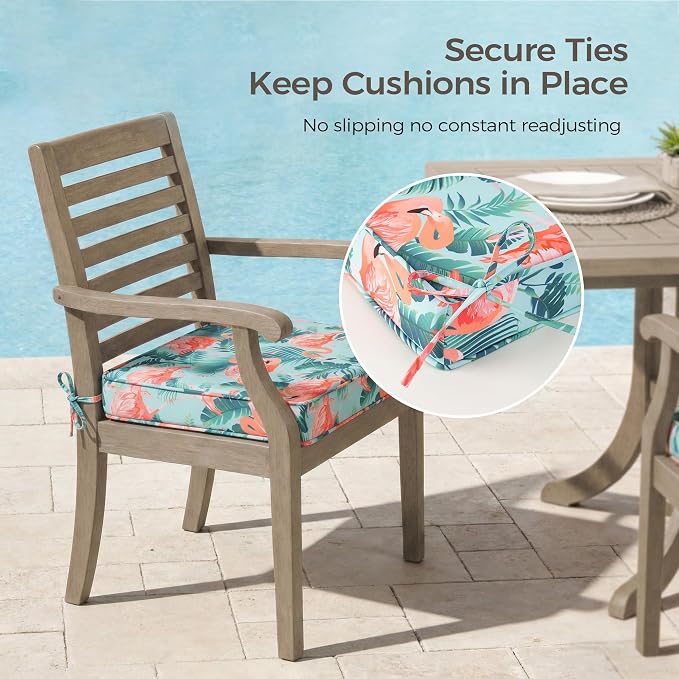 UNIKOME Outdoor Chair Cushions Set of 4, Water Resistant Patio Seat Cushions with Ties for Outdoor Furniture, High-Density Foam, UV & Fade Resistant, Piped Edge – 18.5" x 16" x 3", Flamingos - Image 5