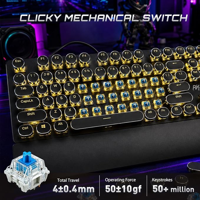 RK ROYAL KLUDGE S108 Typewriter Mechanical Keyboard, Wired Gaming Keyboard with Number Pad, Full Size Retro Keyboards w/Detachable Wrist Rest for Mac/Win/PC, Clicky Blue Switch, Yellow Backlit Black - Image 3