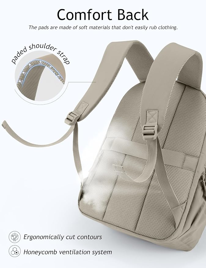 Uselike Travel Backpack for Women, 15.6 Inch Laptop Backpack, Quilted College Bookbag, Cute Work Backpacks, Water Resistant (Khaki Ash) - Image 5