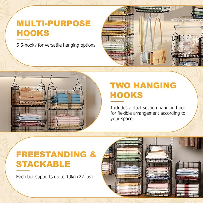 X-cosrack 7 Tier Foldable Hanging Closet Organizer and Storage,Wire Closet Shelving with 4 Large Hooks+ 5 S Hooks,Hanging Basket for Clothes Sweaters Shoes Handbags,Small Closet Organizers - Image 5