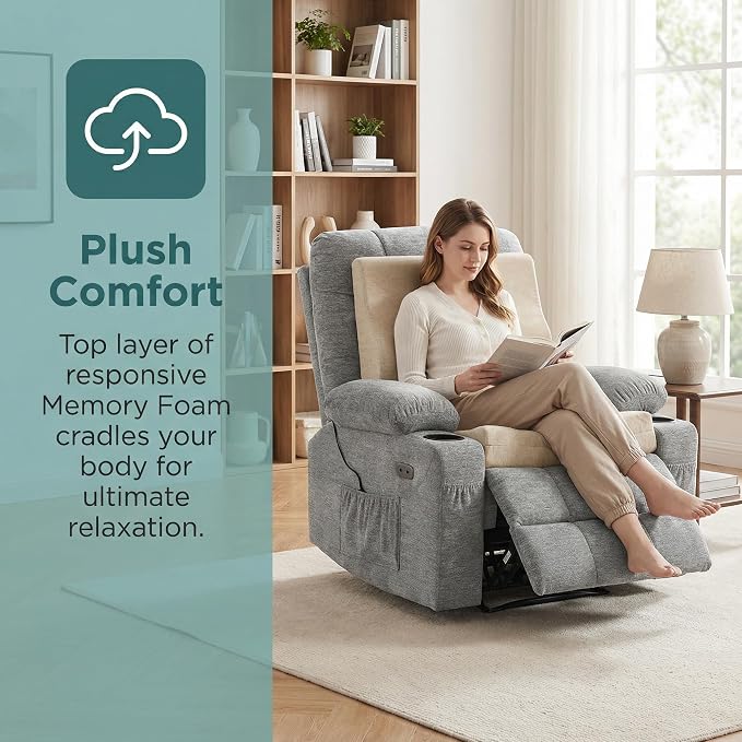 baibu Memory Foam Recliner Cushions with Lumbar Support Pillow Set for Elderly, 20x20x5 Inch Dual-Layer Design Non-Slip Recliner Seat Cushion & Back Support Pillow for Reduce Hip & Lumbar Pain, Beige - Image 3
