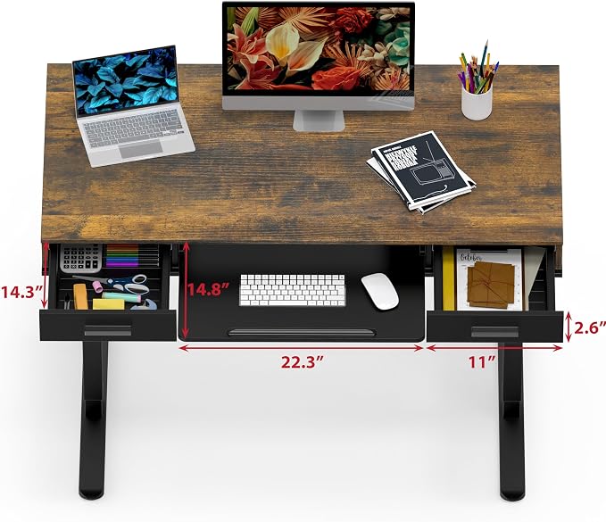 SHW 48-Inch Electric Height Adjustable Desk w/Keyboard Tray, Rustic Brown | w/ 2 Drawers | Memory Presets and Cable Management | Hanging Hooks - Image 6