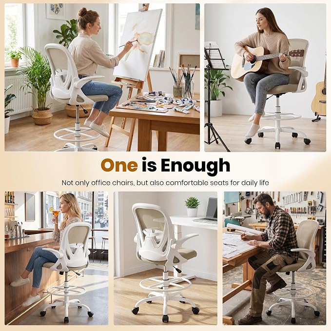 Drafting Chair Tall Office Chair with Flip-up Armrests Executive Ergonomic Computer Standing Desk Chair with Lumbar Support and Adjustable Footrest Ring（Khaki） - Image 5