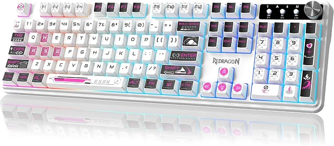 Redragon RM104 Wireless Keyboard with Knob, Tri-Mode BT/2.4G RGB Computer Keyboards, 4000mAh Battery, Programmable Software Support, Anti-Ghosting, Compatible with PC Mac - Pink & White by REDRAGON
