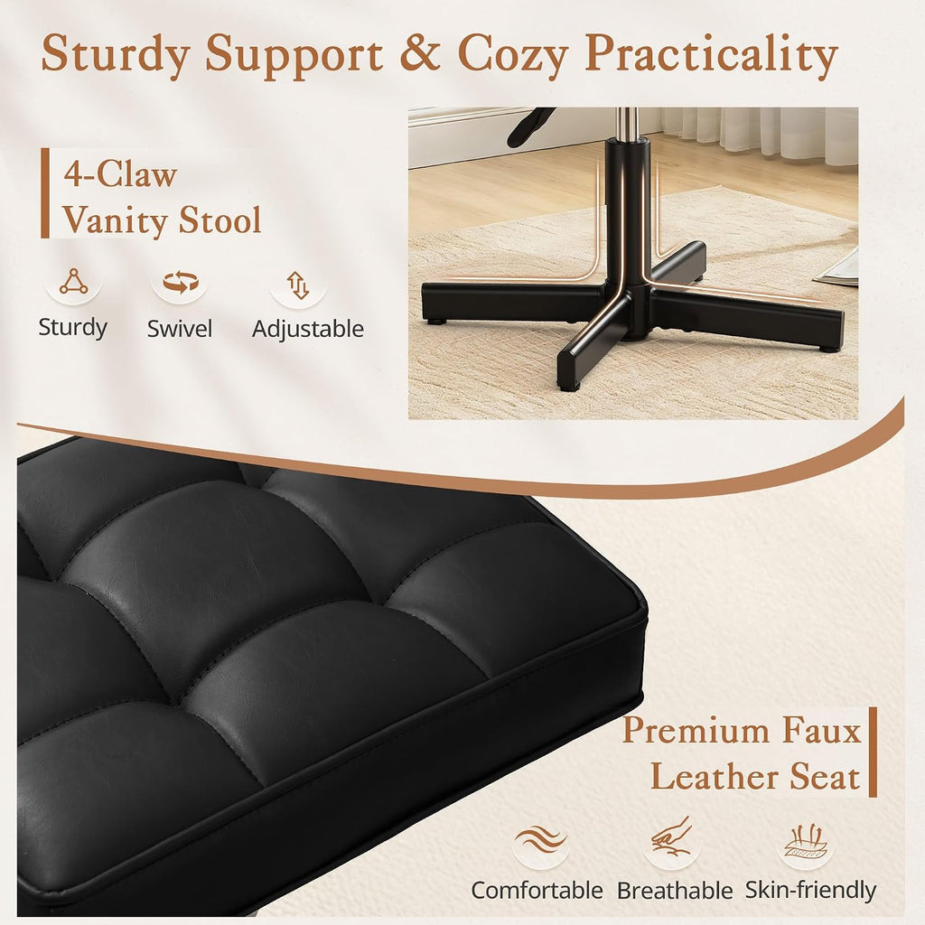 LUE BONA Adjustable Vanity Stool, Foot Rest Under Desk, 360° Swivel Vanity Chair for Makeup Room, Black Upholstered Faux Leather Ottoman for Bathroom & Living Room, 300lbs - Image 4