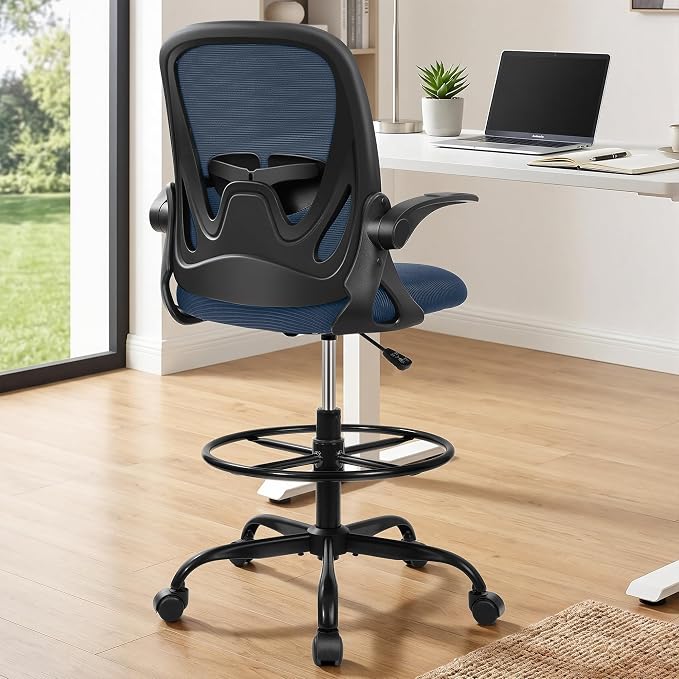 Drafting Chair Tall Office Chair with Flip-up Armrests Executive Ergonomic Computer Standing Desk Chair with Lumbar Support and Adjustable Footrest Ring (Navy) - Image 2